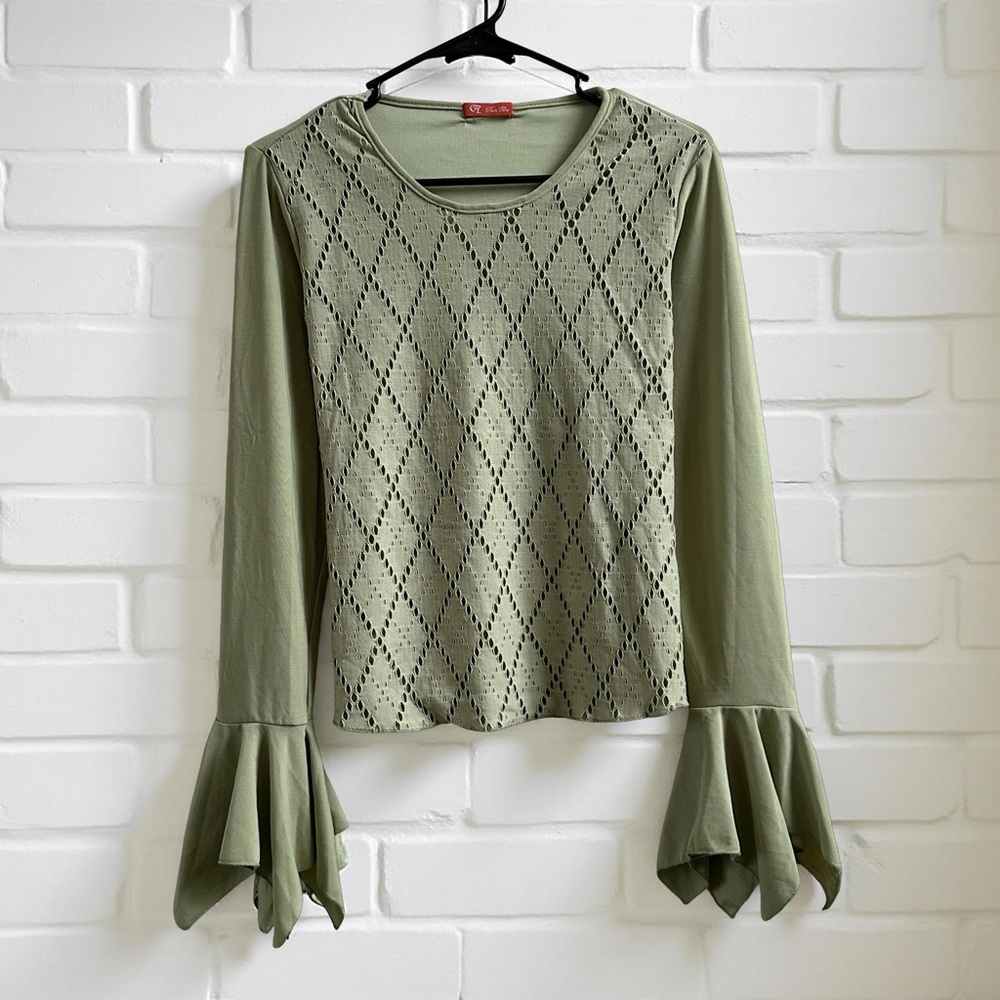 Vintage Sage Diamond Knit Top with Flared Fairy Sleeves